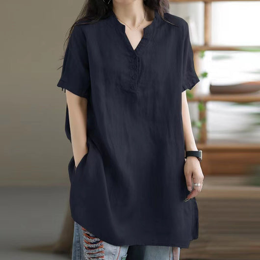 Camiseta Suelta Básica Cuello V Manga Corta para Mujer - Image 11