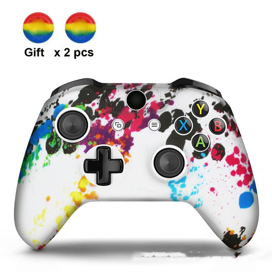 White silicone sleeve for game controller with colorful graffiti pattern, includes two rainbow thumbstick caps. - Image 3
