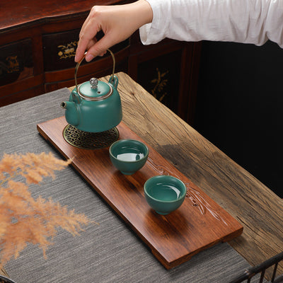 Bandeja de Té Retro de Madera Maciza con Abanico Decorativo - Image 3