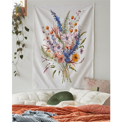 Artistic style tapestry with a vibrant floral pattern featuring a central flower and concentric rings of red, blue, orange, and pink blossoms on a light pink ba - Image 9