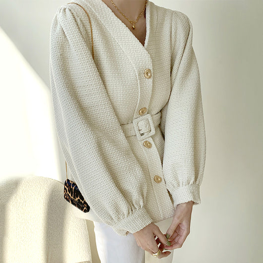 Chaqueta Suelta de Botón Simple con Mangas Linterna y Cinturón para Mujer - Image 2