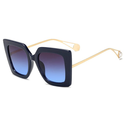 Women's black square frame sunglasses with blue gradient lenses and gold metal temples featuring a pearl accent. - Image 20
