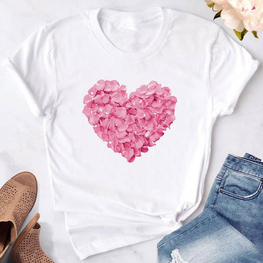 Playera rosa estampada con corazones y flores para mujer - Image 10