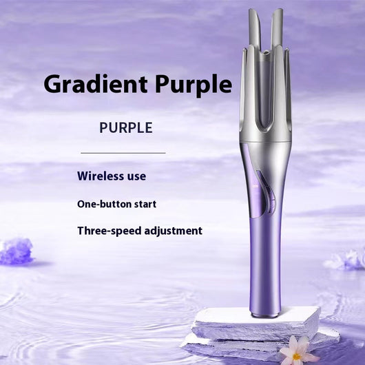 Gradient purple wireless automatic hair curler with a sleek design, one-button start, and three-speed adjustment. - Image 6