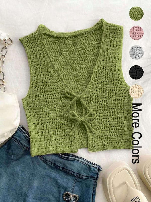 Chaleco Tejido Anudado de Color Liso para Mujer - Estilo Casual Crochet - Image 6