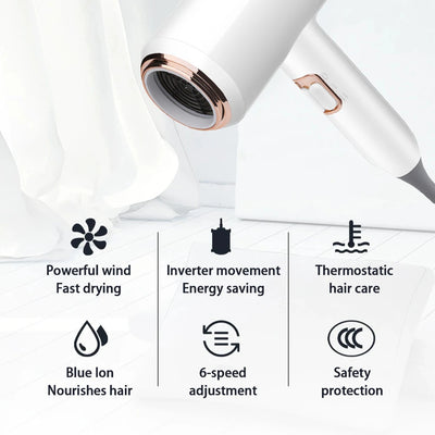 White hair dryer with rose gold accents, U.S. plug, and a concentrator nozzle for household use. - Image 18
