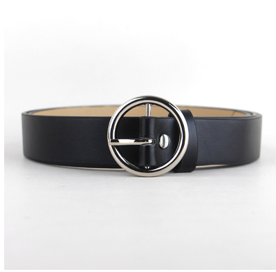 Black faux-leather women's belt with a shiny gold-tone round pin buckle, displayed on a white background. - Image 4