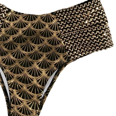 Women's high-waisted two-piece bronzing swimwear with black and gold art deco fan pattern and textured straps. - Image 6