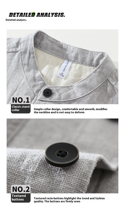 Camisa Retro de Lino con Cuello Mao para Hombre - Diseño Clásico Casual - Image 14