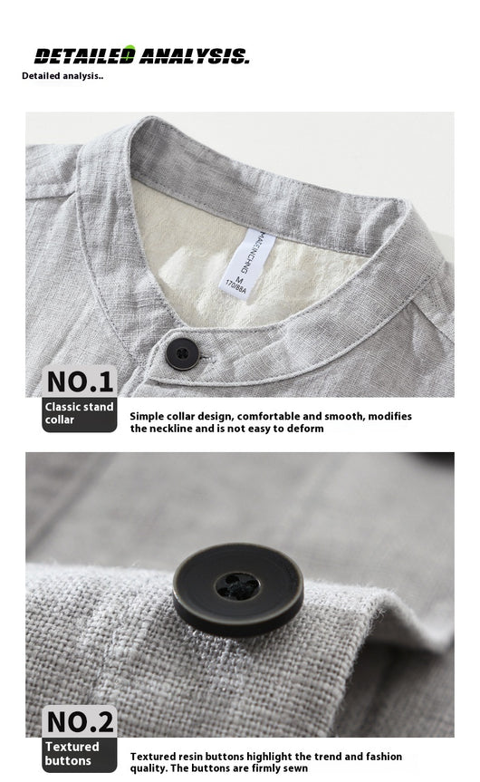 Camisa Retro de Lino con Cuello Mao para Hombre - Diseño Clásico Casual - Image 14