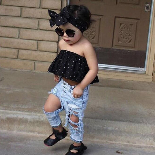 Conjunto Infantil 3 Piezas Niña: Top Hombro Descubierto Lunares + Jeans Rotos + Cinta - Image 3