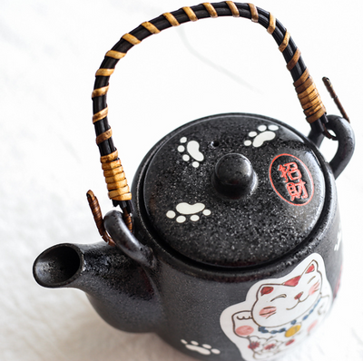 Juego de Té de Cerámica Gato de la Suerte Pintado a Mano - Tetera y 4 Tazas Negro - Image 7