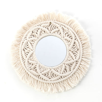 Circular mirror with a beige macrame fringe border, featuring intricate knotwork around the reflective surface. - Image 12