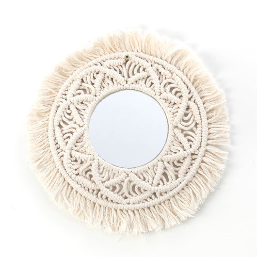 Circular mirror with a beige macrame fringe border, featuring intricate knotwork around the reflective surface. - Image 12