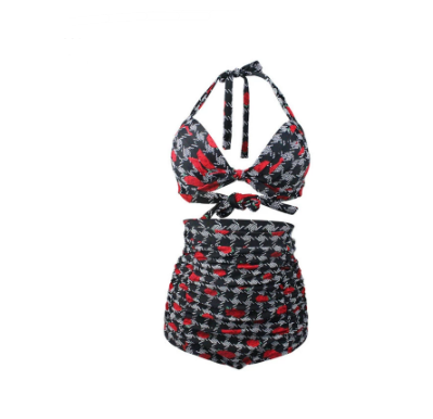 Rose bikini with a black, white, and red houndstooth pattern. Features a halter top and ruched high-waisted bottoms. - Image 12