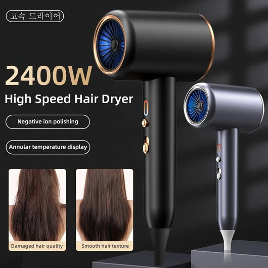 Gray professional hair dryer with a blue fan, 1875W, shown with a US 110V plug and a rotating air collector nozzle. - Image 12