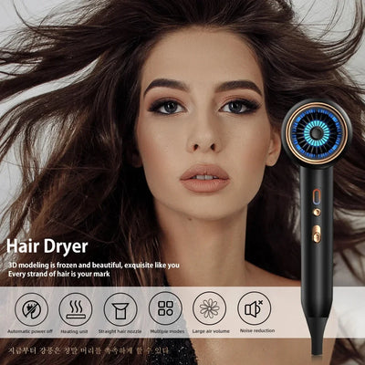 Gray professional hair dryer with a blue fan, 1875W, shown with a US 110V plug and a rotating air collector nozzle. - Image 14