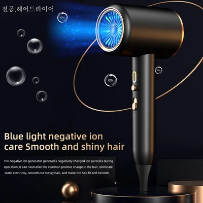 Gray professional hair dryer with a blue fan, 1875W, shown with a US 110V plug and a rotating air collector nozzle. - Image 18