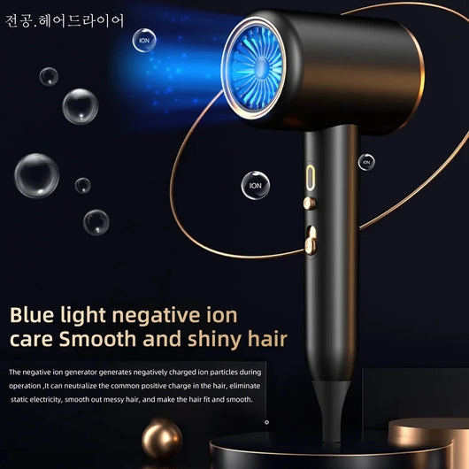 Gray professional hair dryer with a blue fan, 1875W, shown with a US 110V plug and a rotating air collector nozzle. - Image 18