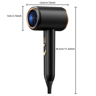 Gray professional hair dryer with a blue fan, 1875W, shown with a US 110V plug and a rotating air collector nozzle. - Image 32