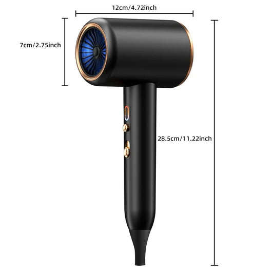 Gray professional hair dryer with a blue fan, 1875W, shown with a US 110V plug and a rotating air collector nozzle. - Image 32