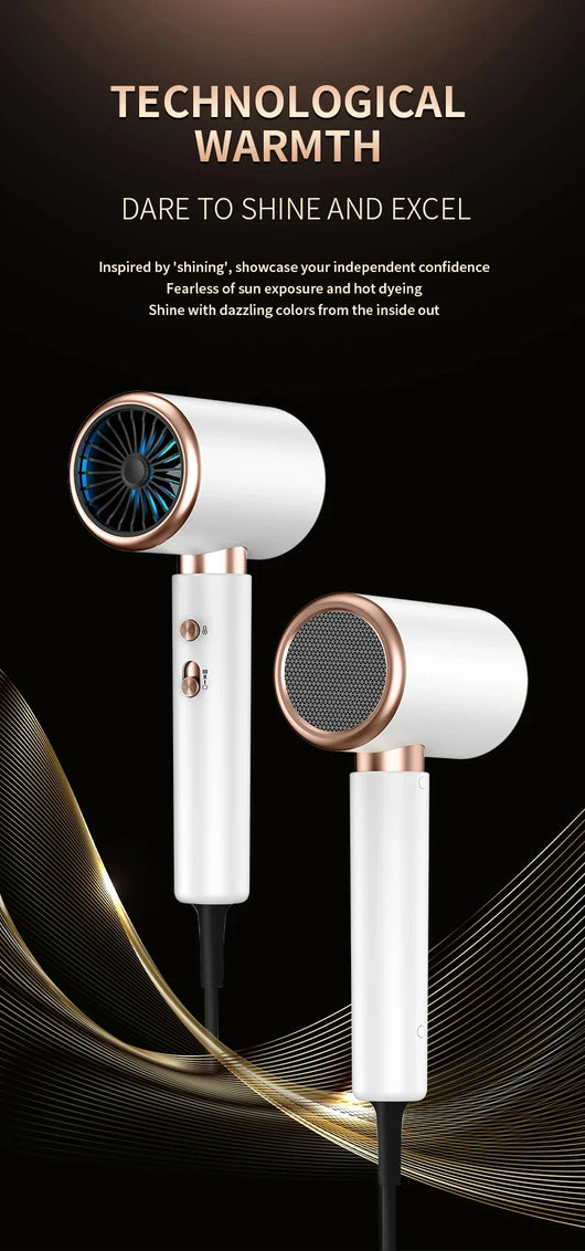 White professional hair dryer with rose gold accents, blue fan, and two control buttons, shown with a US 110V plug and a 360-degree rotating air collector nozzl - Image 13