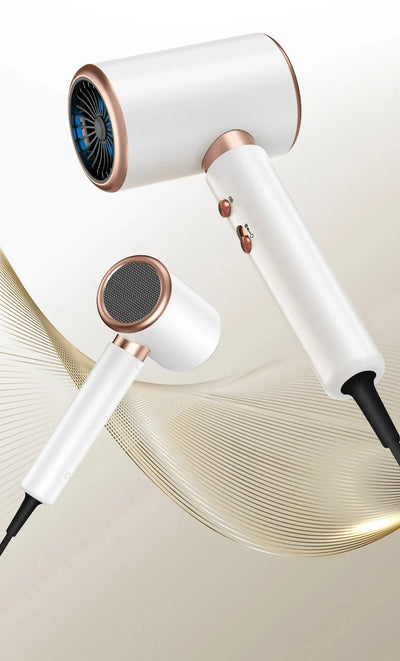 White professional hair dryer with rose gold accents, blue fan, and two control buttons, shown with a US 110V plug and a 360-degree rotating air collector nozzl - Image 15
