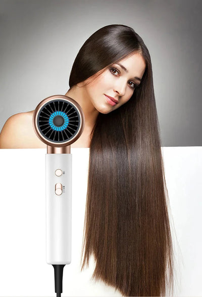 White professional hair dryer with rose gold accents, blue fan, and two control buttons, shown with a US 110V plug and a 360-degree rotating air collector nozzl - Image 17