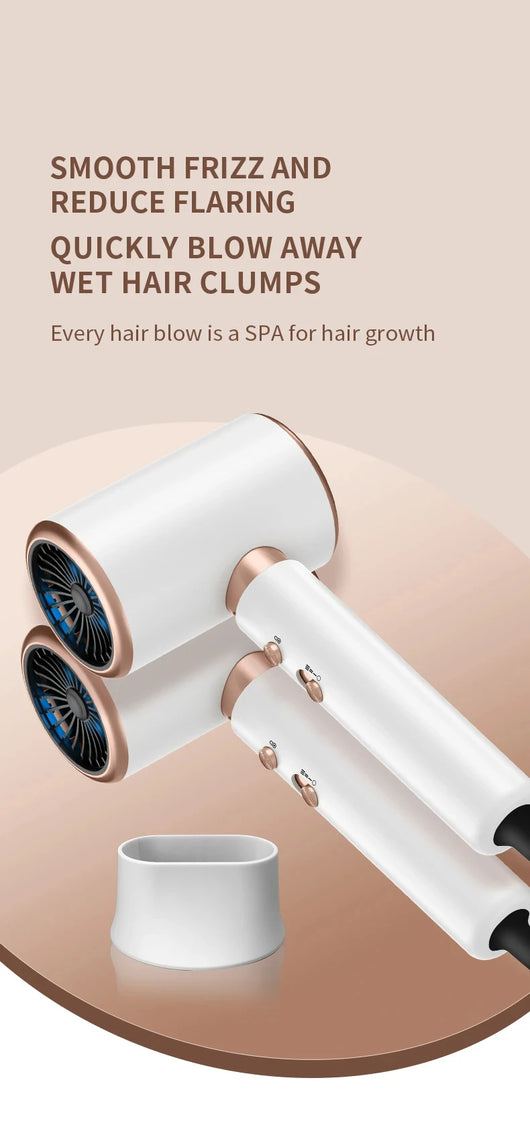 White professional hair dryer with rose gold accents, blue fan, and two control buttons, shown with a US 110V plug and a 360-degree rotating air collector nozzl - Image 19