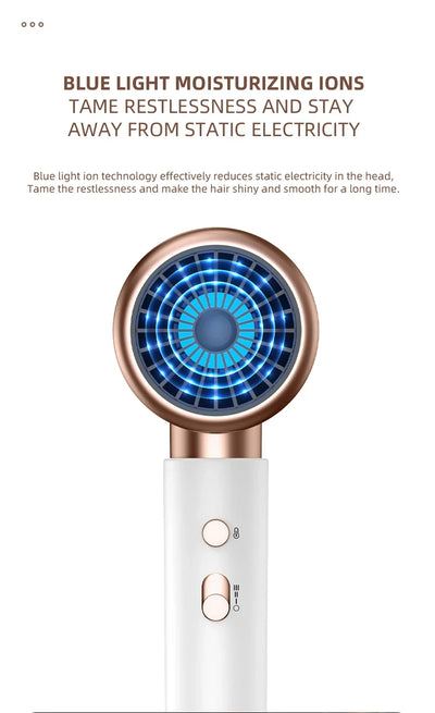 White professional hair dryer with rose gold accents, blue fan, and two control buttons, shown with a US 110V plug and a 360-degree rotating air collector nozzl - Image 29