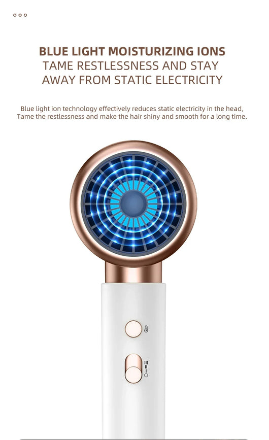 White professional hair dryer with rose gold accents, blue fan, and two control buttons, shown with a US 110V plug and a 360-degree rotating air collector nozzl - Image 29