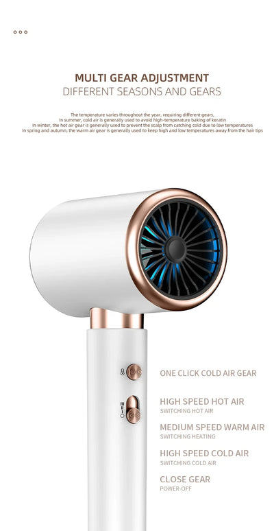 White professional hair dryer with rose gold accents, blue fan, and two control buttons, shown with a US 110V plug and a 360-degree rotating air collector nozzl - Image 41