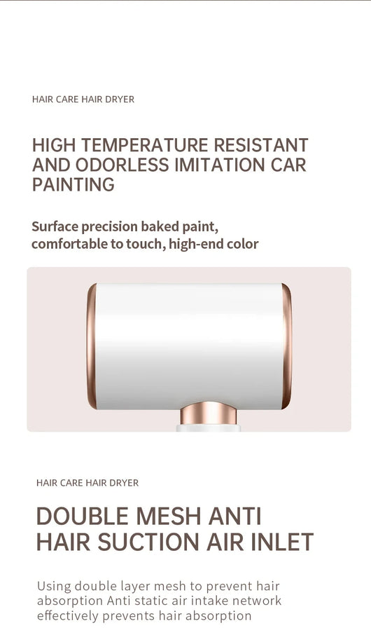 White professional hair dryer with rose gold accents, blue fan, and two control buttons, shown with a US 110V plug and a 360-degree rotating air collector nozzl - Image 45