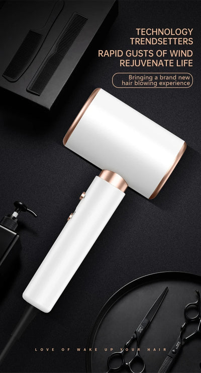 White professional hair dryer with rose gold accents, blue fan, and two control buttons, shown with a US 110V plug and a 360-degree rotating air collector nozzl - Image 53