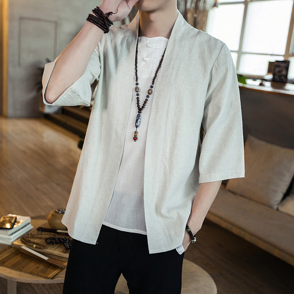 Camisa Cardigan Hanfu de Algodón y Lino - Estilo Asiático Manga 3/4 Hombre