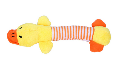 Grey plush elephant dog toy with a blue and white striped body, black eyes, and white inner ears. - Image 7