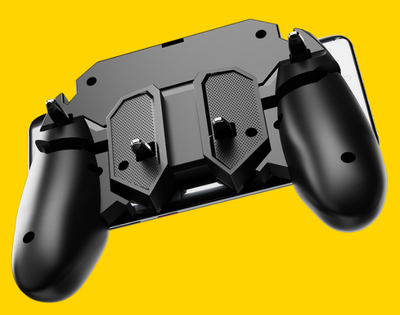 AK66 six-finger four-key gamepad attached to a smartphone displaying a video game, with ergonomic black grips. - Image 3