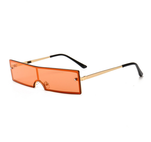 Red rectangular rimless sunglasses with gold-colored metal temples and black ear tips on a white background. - Image 10