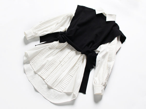 Conjunto de Dos Piezas: Chaleco de Encaje y Vestido Camisero Blanco
