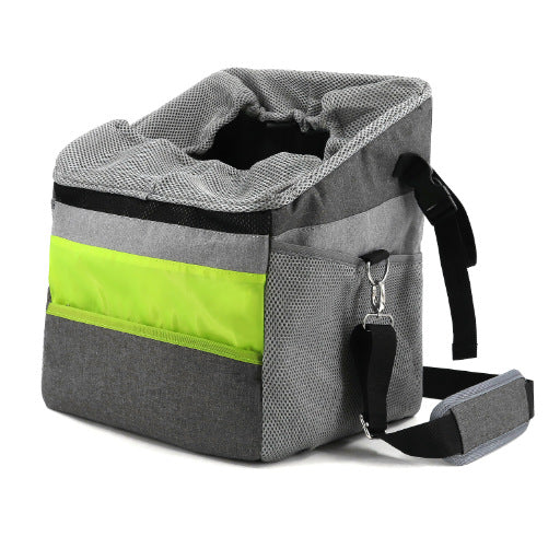 Gray and neon green Oxford pet carrier with mesh panels, drawstring top, front pocket, and detachable shoulder strap.