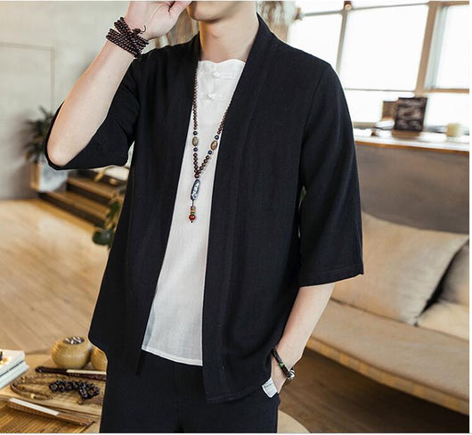Camisa Cardigan Hanfu de Algodón y Lino - Estilo Asiático Manga 3/4 Hombre - Image 7