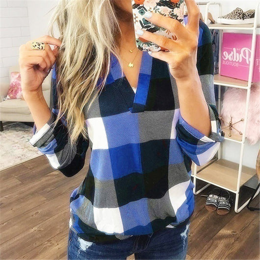 Camiseta a Cuadros con Cuello en V y Mangas Largas - Image 18