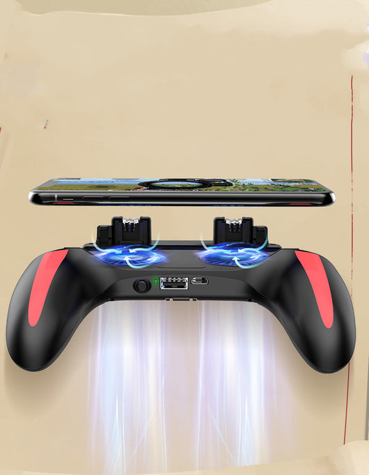 Black mobile game controller with red accents, dual blue LED cooling fans, and adjustable phone triggers. - Image 3