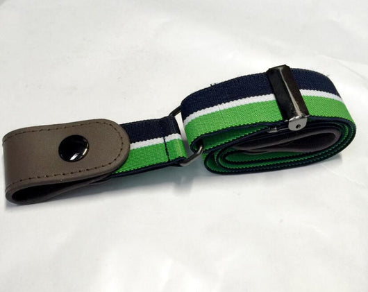 Red, white, and blue striped elastic stretch belt with brown leather-look ends and a silver-tone double buckle. - Image 11