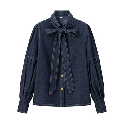 Camisa Denim Azul Oscuro Lavado - Diseño Casual con Cordones y Lazo - Image 7