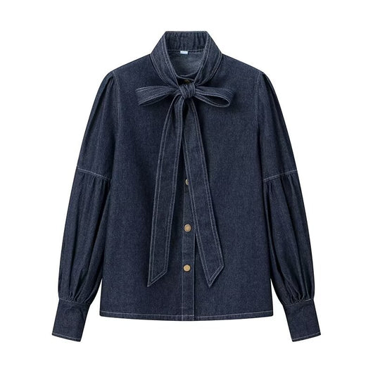 Camisa Denim Azul Oscuro Lavado - Diseño Casual con Cordones y Lazo - Image 7