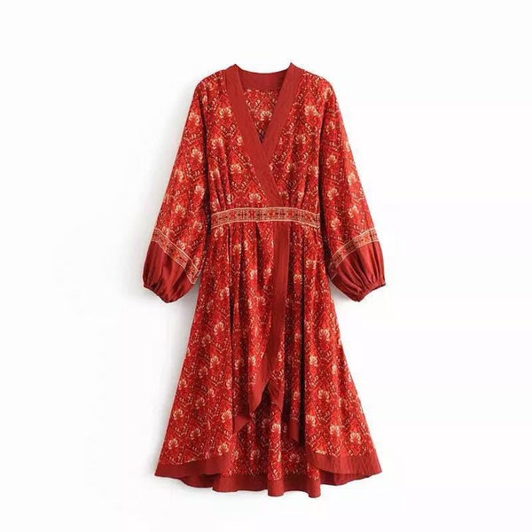 Vestido Bohemio Nepal Cuello V Mangas Linterna Dobladillo Irregular