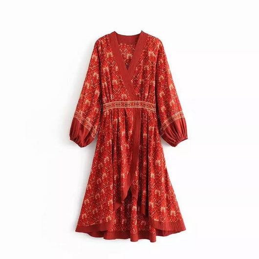 Vestido Bohemio Nepal Cuello V Mangas Linterna Dobladillo Irregular