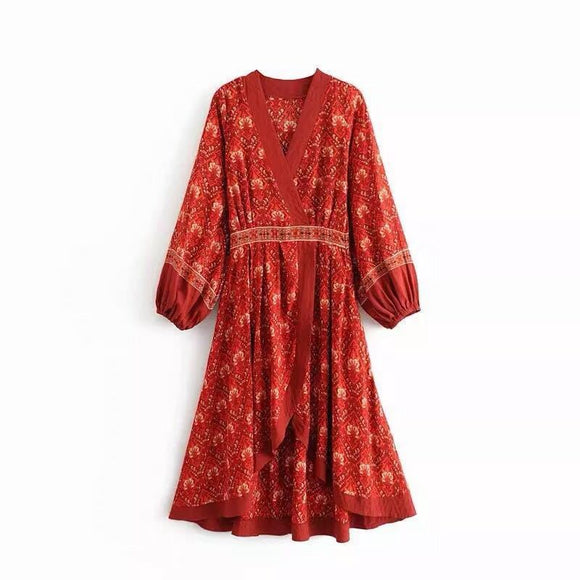 Vestido Bohemio Nepal Cuello V Mangas Linterna Dobladillo Irregular