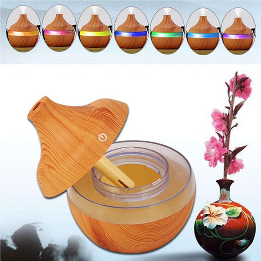 Wood grain aromatherapy USB humidifier with water drop shape, lid open, showing internal components and LED light options. - Image 3